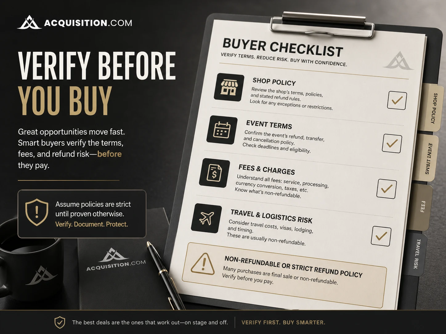 Acquisition.com: pricing decision map, showing free training, book path, workshop price check, and refund verification