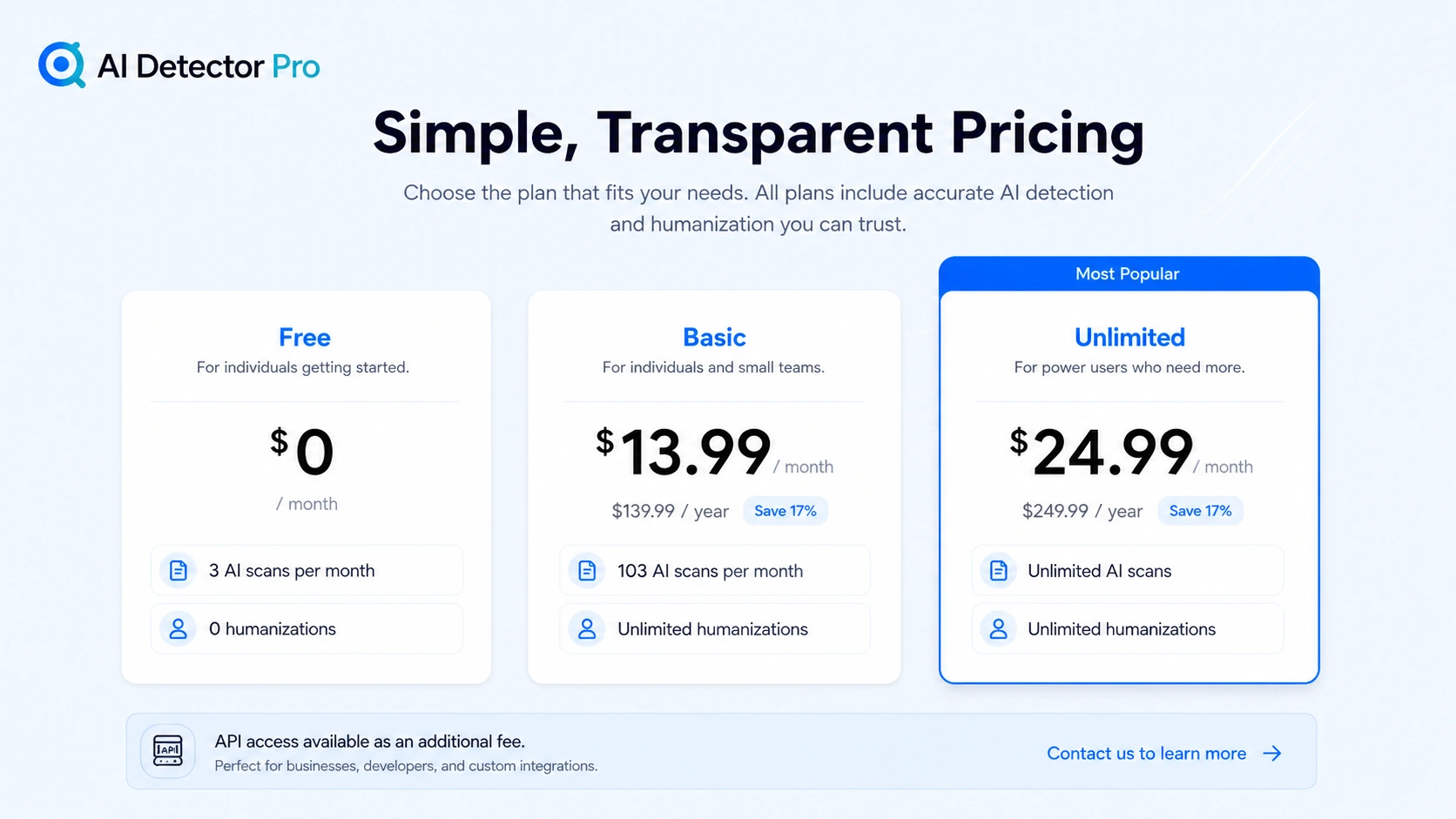 AI Detector Pro: pricing decision map, showing free testing, Basic plan fit, Unlimited plan fit, annual billing caution, and API verification