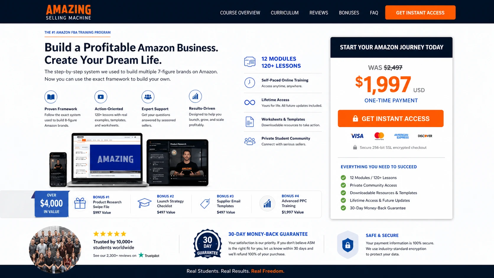 Amazing Selling Machine: review snapshot, showing course fit, pricing path, refund checks, and Amazon FBA readiness