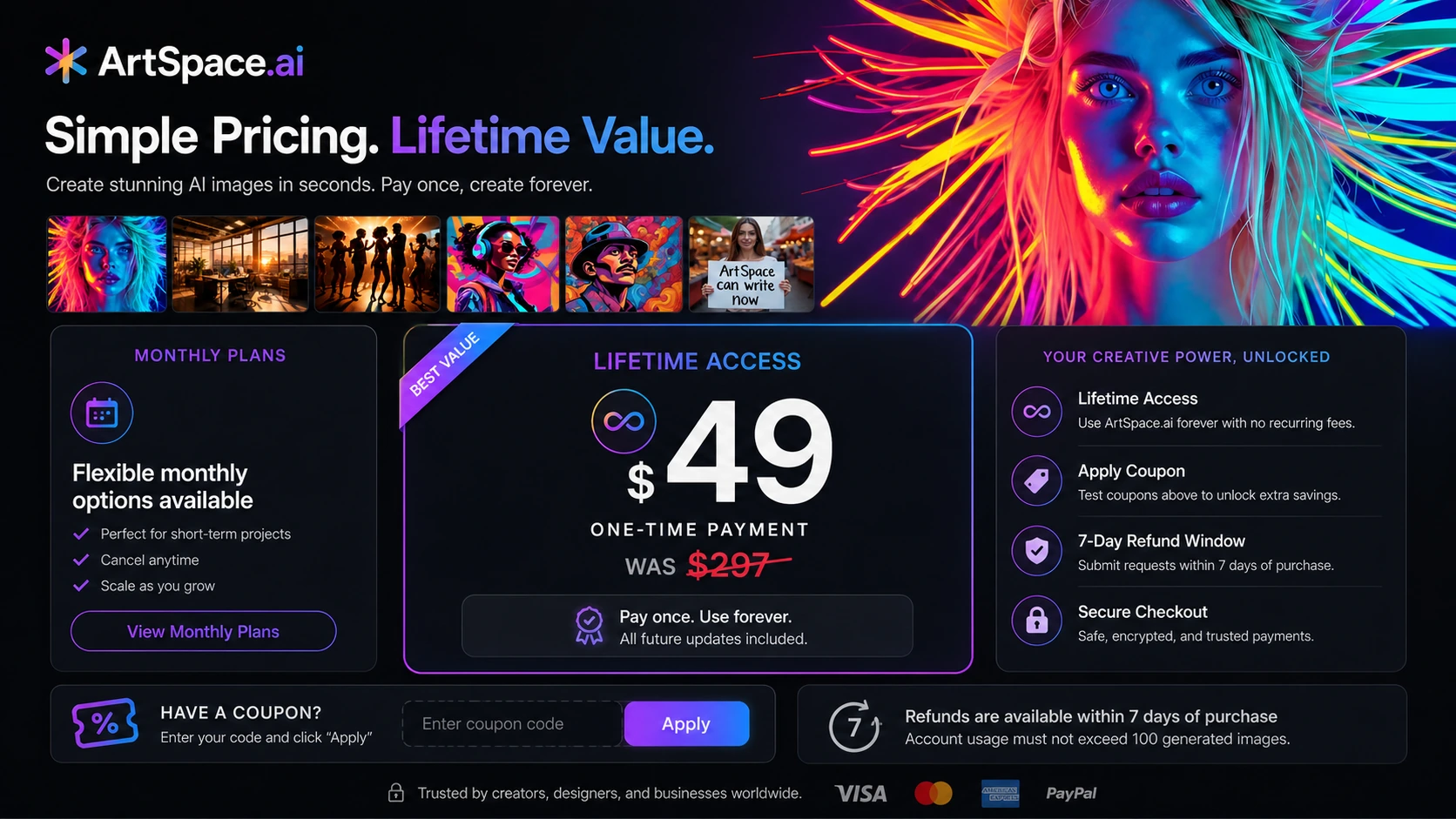 ArtSpace.ai: pricing decision map, showing monthly testing, lifetime access, coupon timing, refund conditions, and output-quality validation