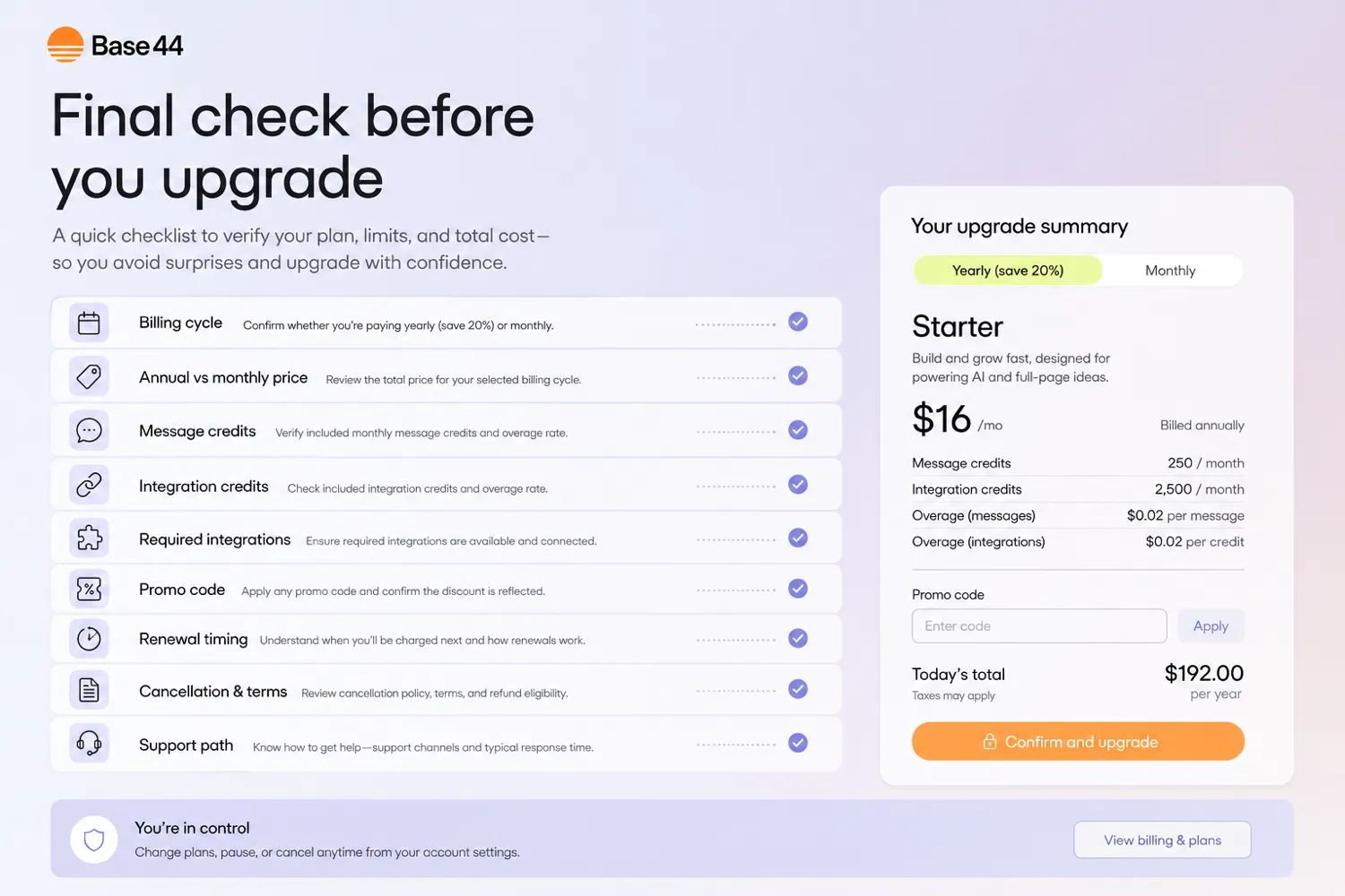 Base44: buyer checklist, showing credits, integrations, billing, renewal, and alternative checks before paying