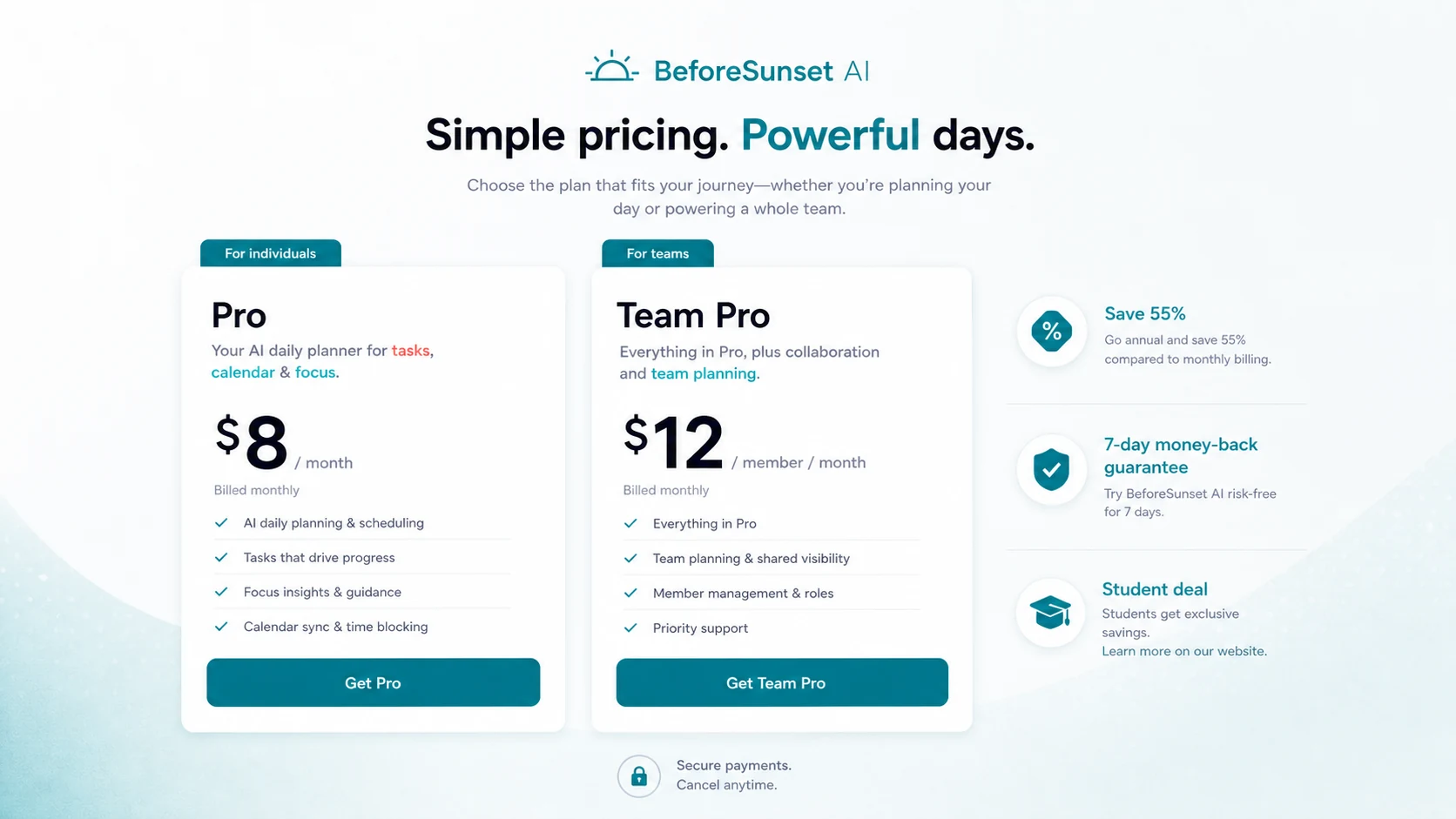 BeforeSunset AI: pricing decision map, showing free testing, Pro, Team Pro, annual billing, and refund checks
