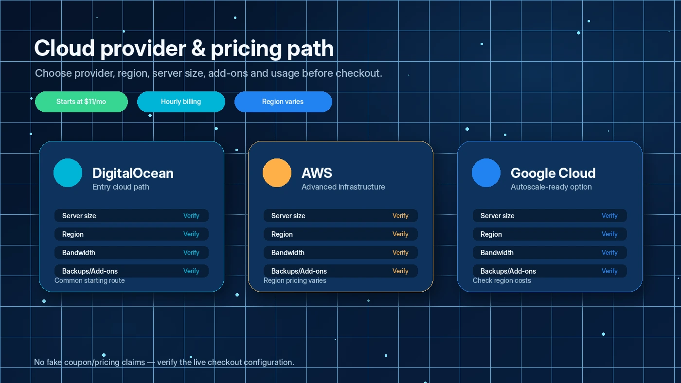 Cloudways: pricing decision map, showing trial, server configuration, add-ons, billing checks, and upgrade timing