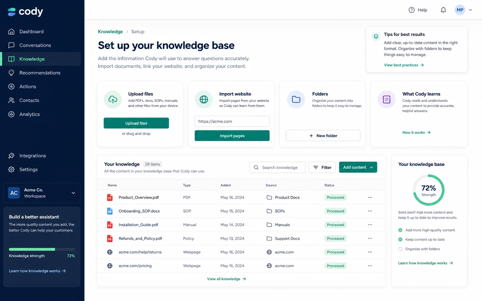 Cody: buyer checklist, showing source readiness, answer quality, credit usage, team limits, widget needs, and billing checks