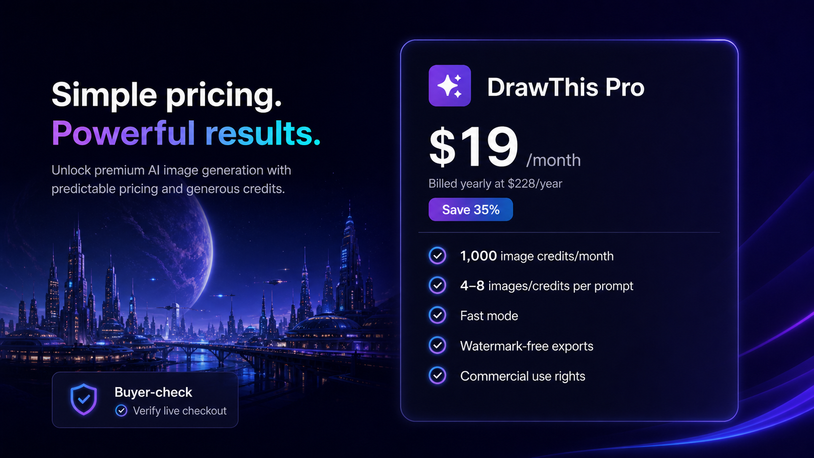 DrawThis: final verdict card, showing when to test the image generator, compare creative alternatives, or stop before checkout