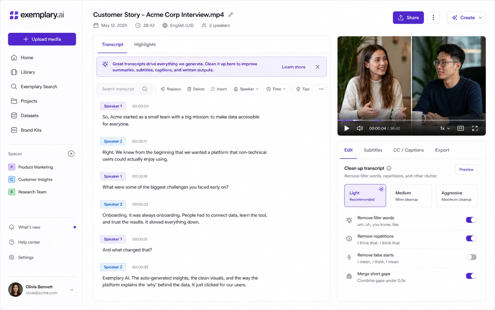 Exemplary AI: review snapshot, showing media workflow fit, plan limits, and repurposing checkpoints for buyers