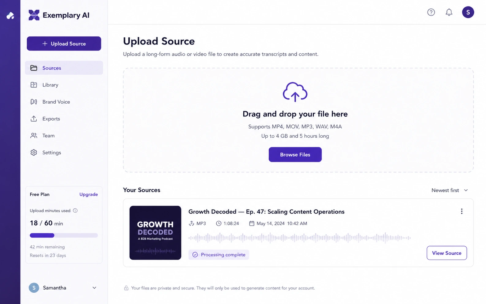 Exemplary AI: workflow fit map, showing how buyers should test upload, transcript, clips, captions, and exports before choosing a plan