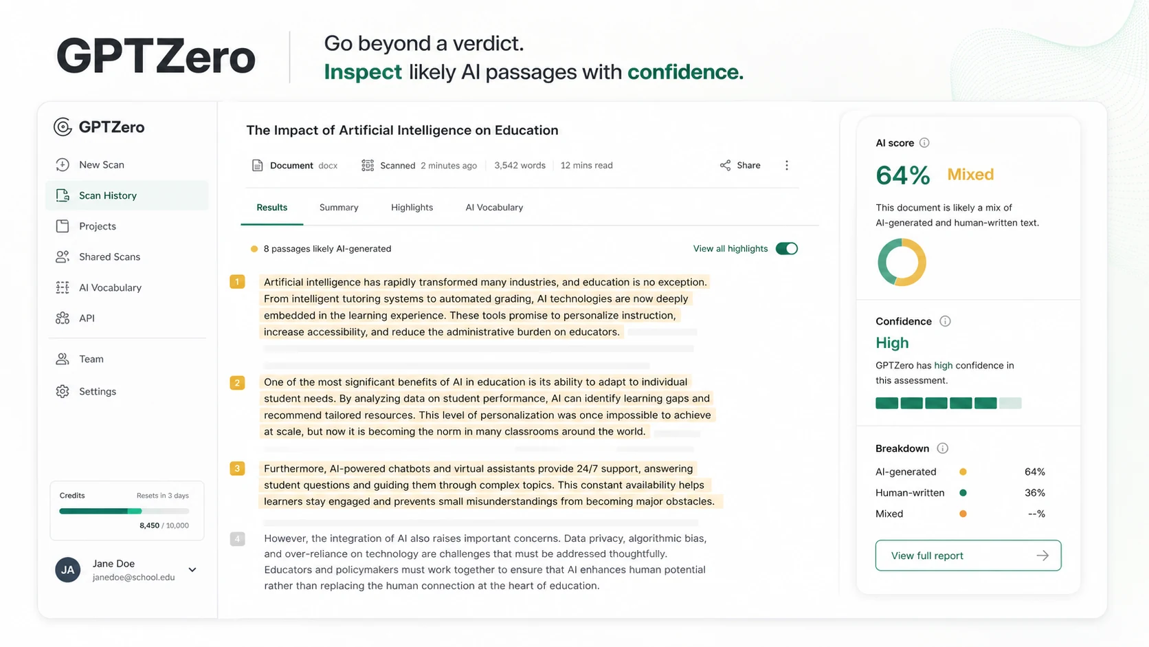 GPTZero: final verdict card, showing when to test the free path, compare alternatives, or verify pricing before paying