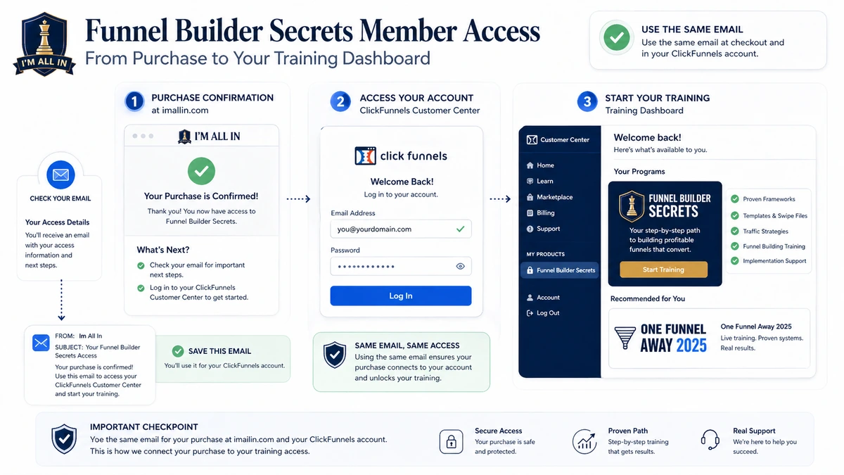 Funnel Builder Secrets: buyer checklist, showing offer readiness, traffic plan, access window, refund terms, and account setup checks