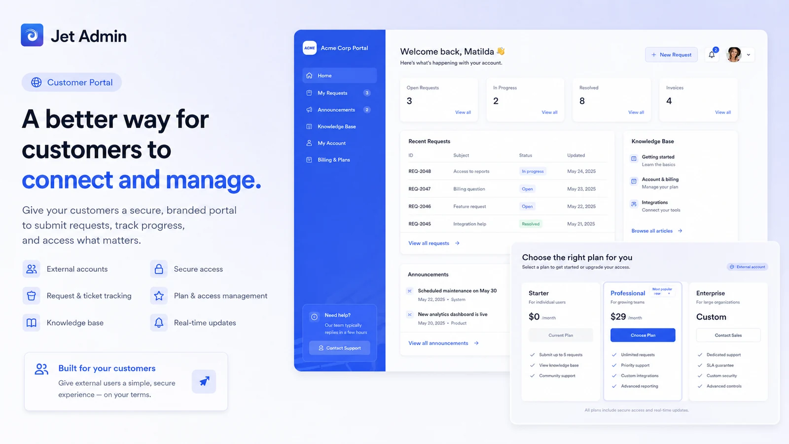 Jet Admin: review snapshot, showing internal tool, portal, pricing, and governance decision points