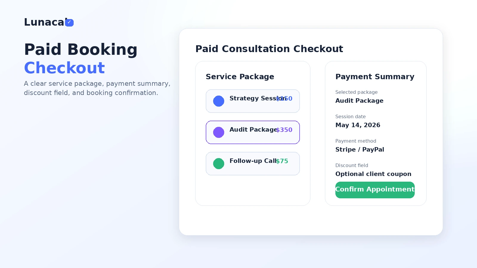 Lunacal: alternatives map, showing Calendly, Acuity Scheduling, Setmore, and Cal.com comparison paths