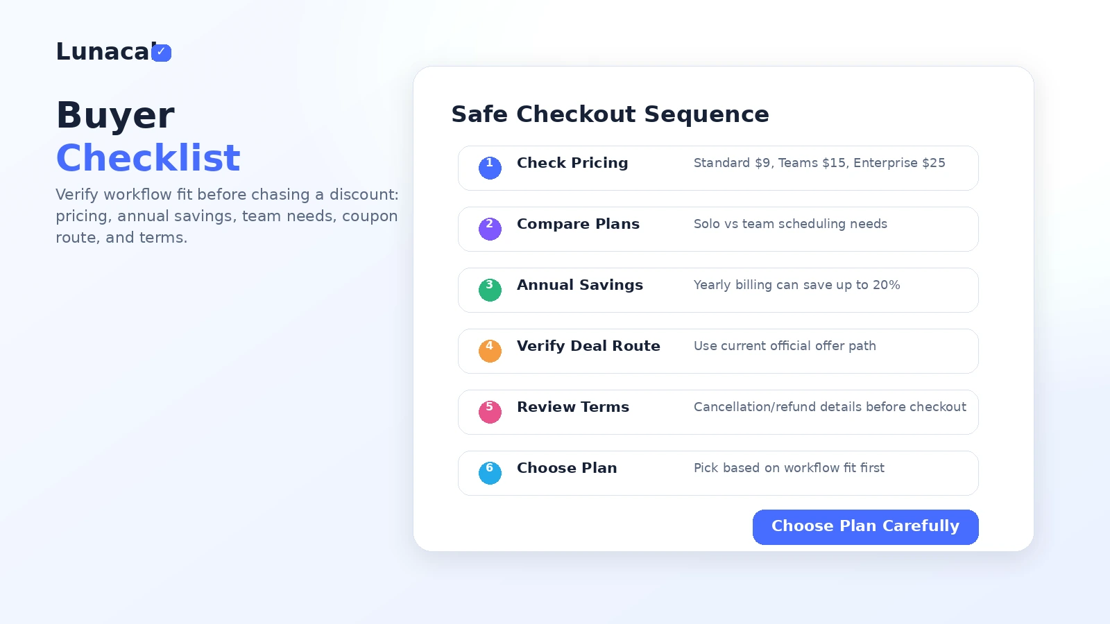 Lunacal: review snapshot, showing branded booking fit, pricing checks, and scheduling workflow decisions