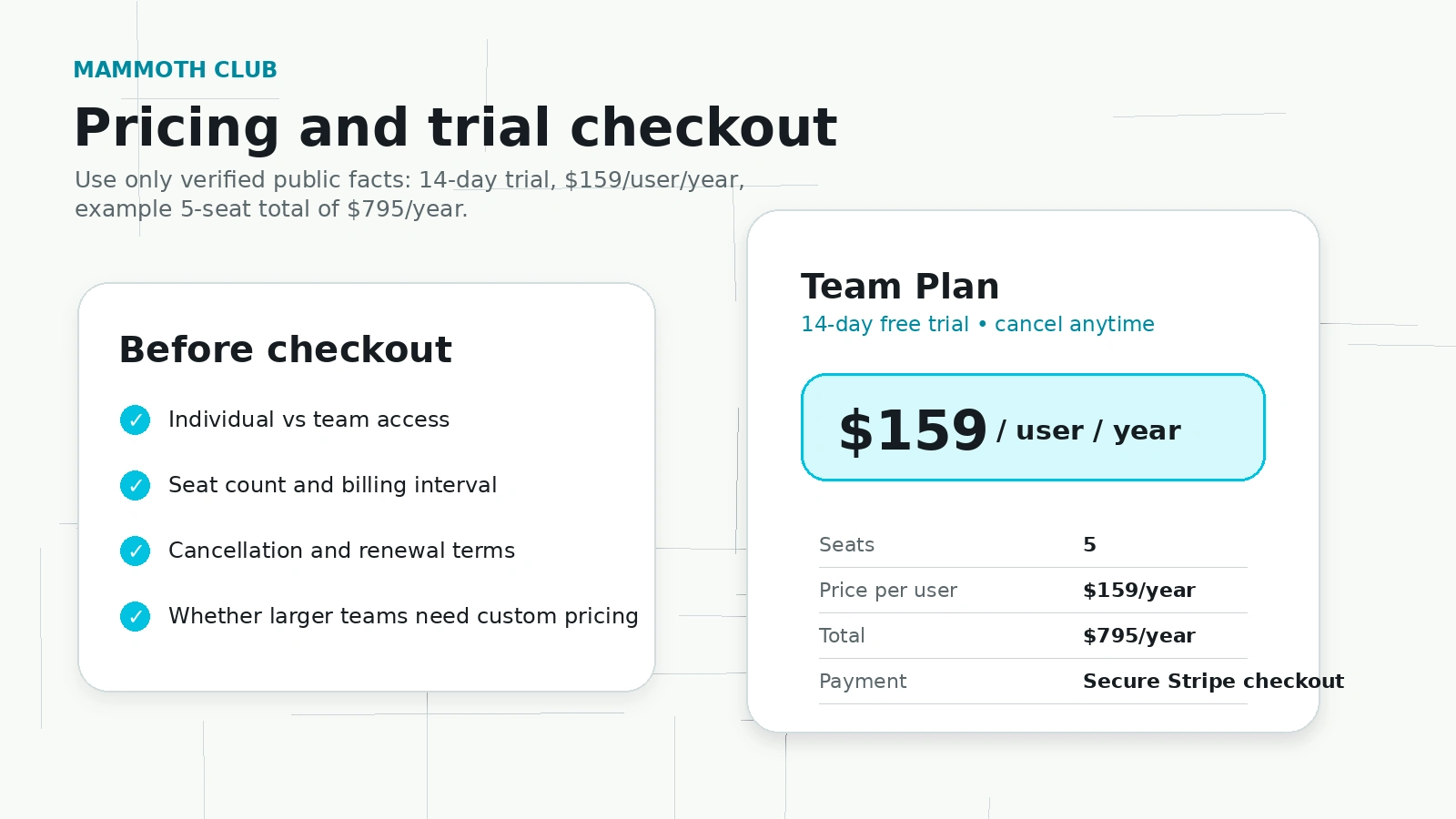Mammoth Club: pricing decision map, showing individual membership, team trial, annual seats, and enterprise checks