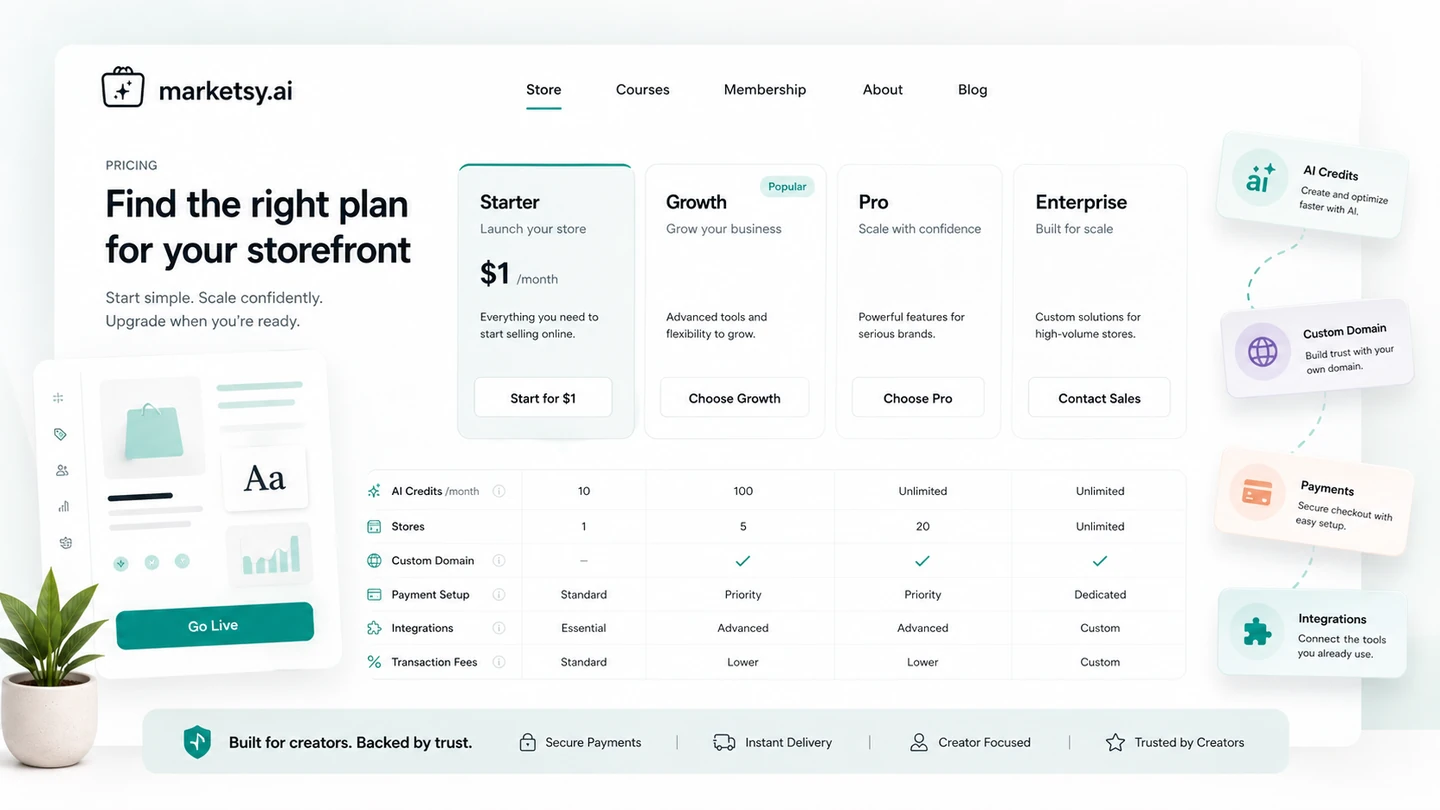 Marketsy: pricing decision map, showing low starting price, commission checks, AI credits, and refund-risk checkpoints