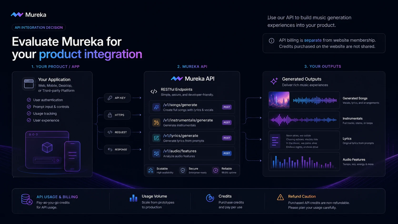 Mureka: buyer checklist, showing export, rights, app billing, annual plan, and API credit checks before buying