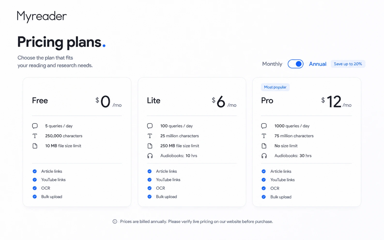 Myreader: pricing decision map, showing how buyers compare Free, Lite, Pro, annual billing, and plan limits before checkout