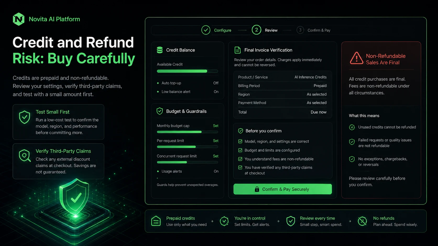 Novita AI: pricing decision map, showing token, media, endpoint, GPU, and sandbox cost checks before adding credits