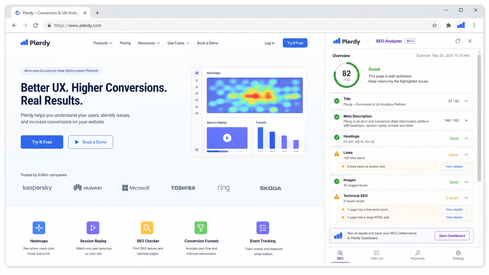 Plerdy: review snapshot, showing CRO, heatmap, SEO, replay, and plan-limit decision points for buyers