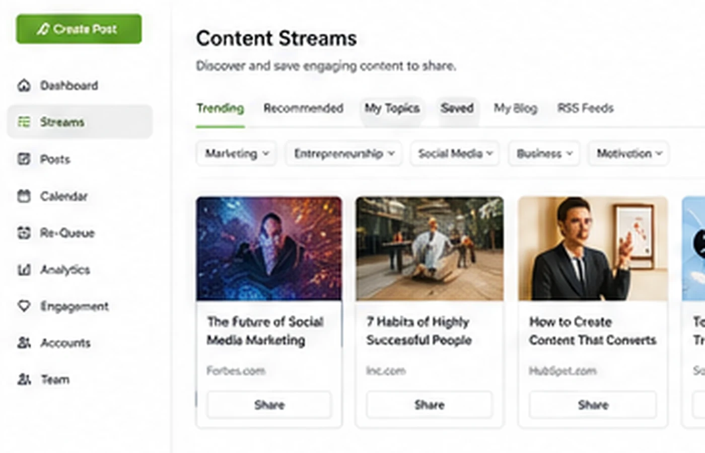 Post Planner: alternatives map, showing Buffer, Later, SocialBee, Hootsuite, Loomly, Sendible, and Planoly by buyer workflow fit