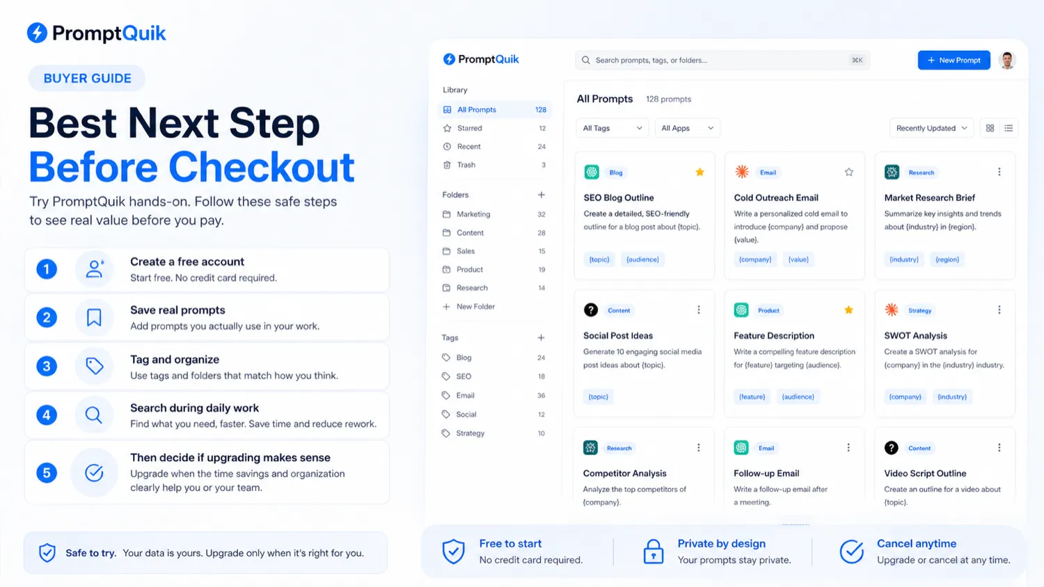 PromptQuik: review snapshot, showing free-tier testing, prompt-library fit, and upgrade checks for repeat AI workflows