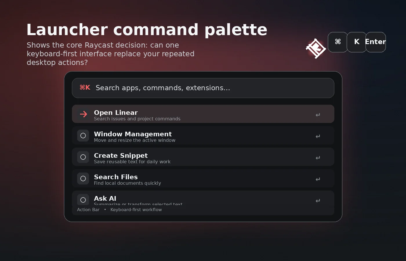 Raycast: alternatives map, showing desktop launcher comparison routes and adjacent AI workspace, browser assistant, and focus-tool options