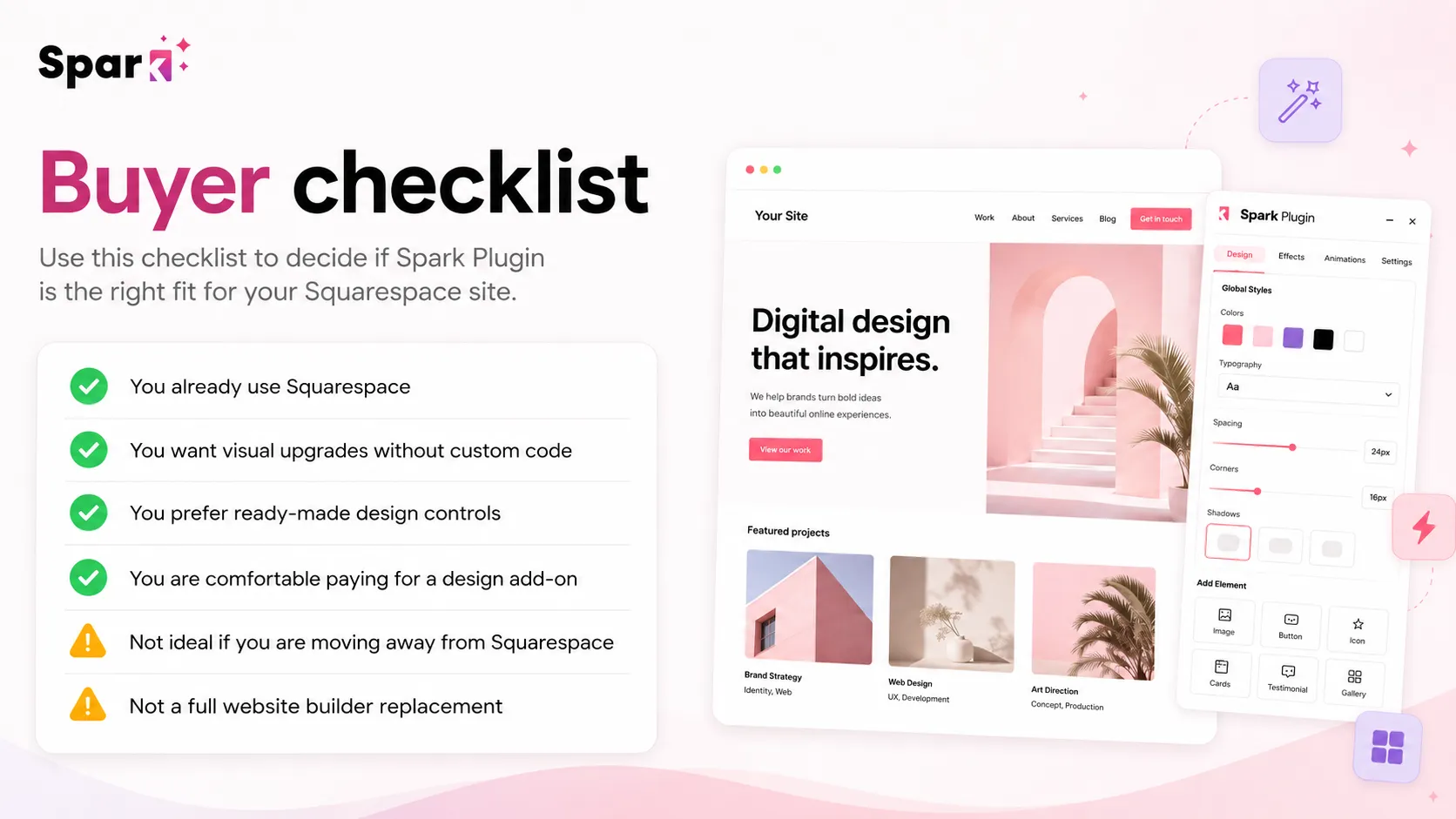 Spark Plugin: buyer checklist, showing Squarespace compatibility, feature access, mobile testing, billing, and cancellation checks