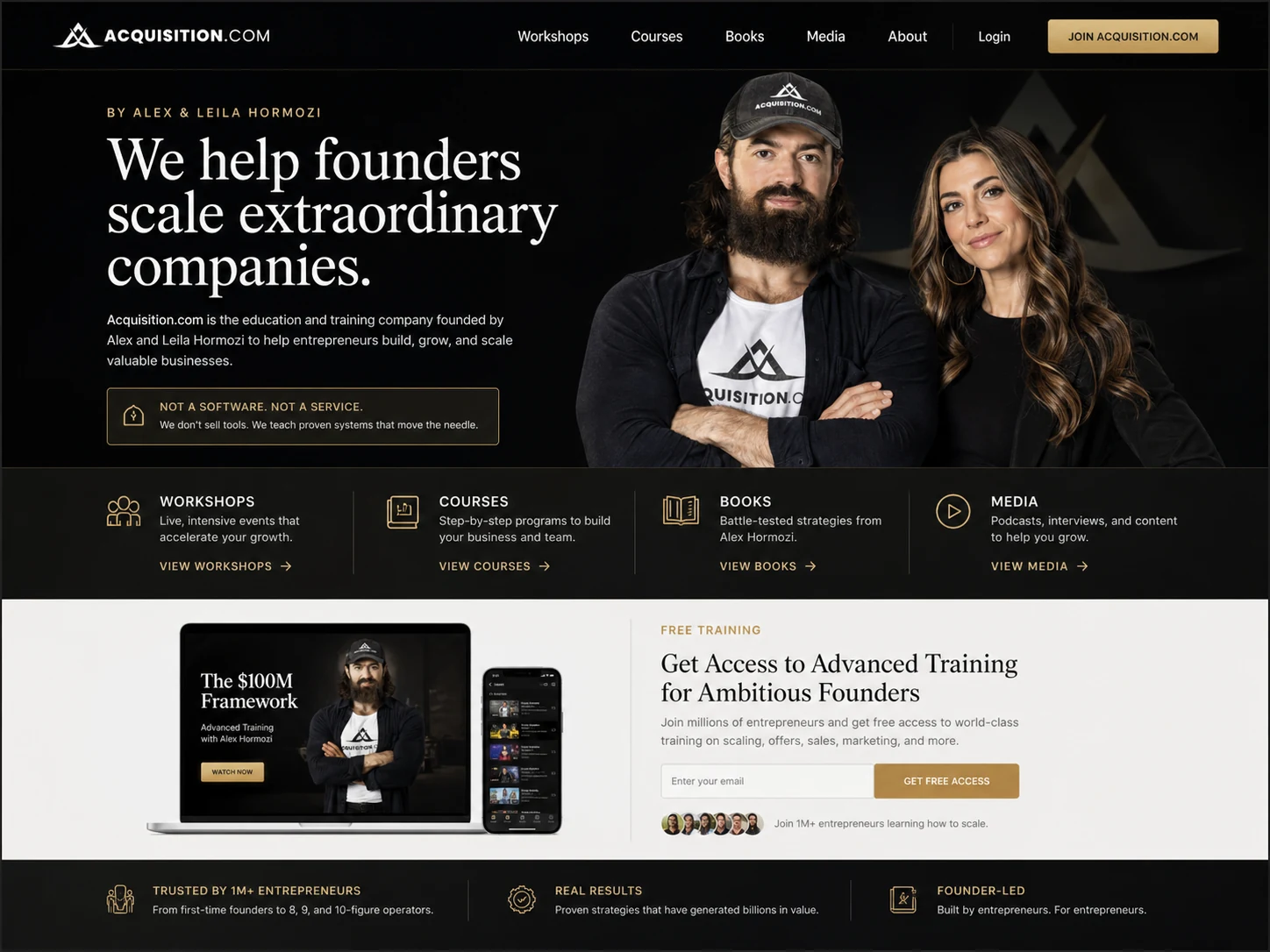 Acquisition.com: homepage overview, showing free training, courses, books, and workshop navigation for buyer path selection