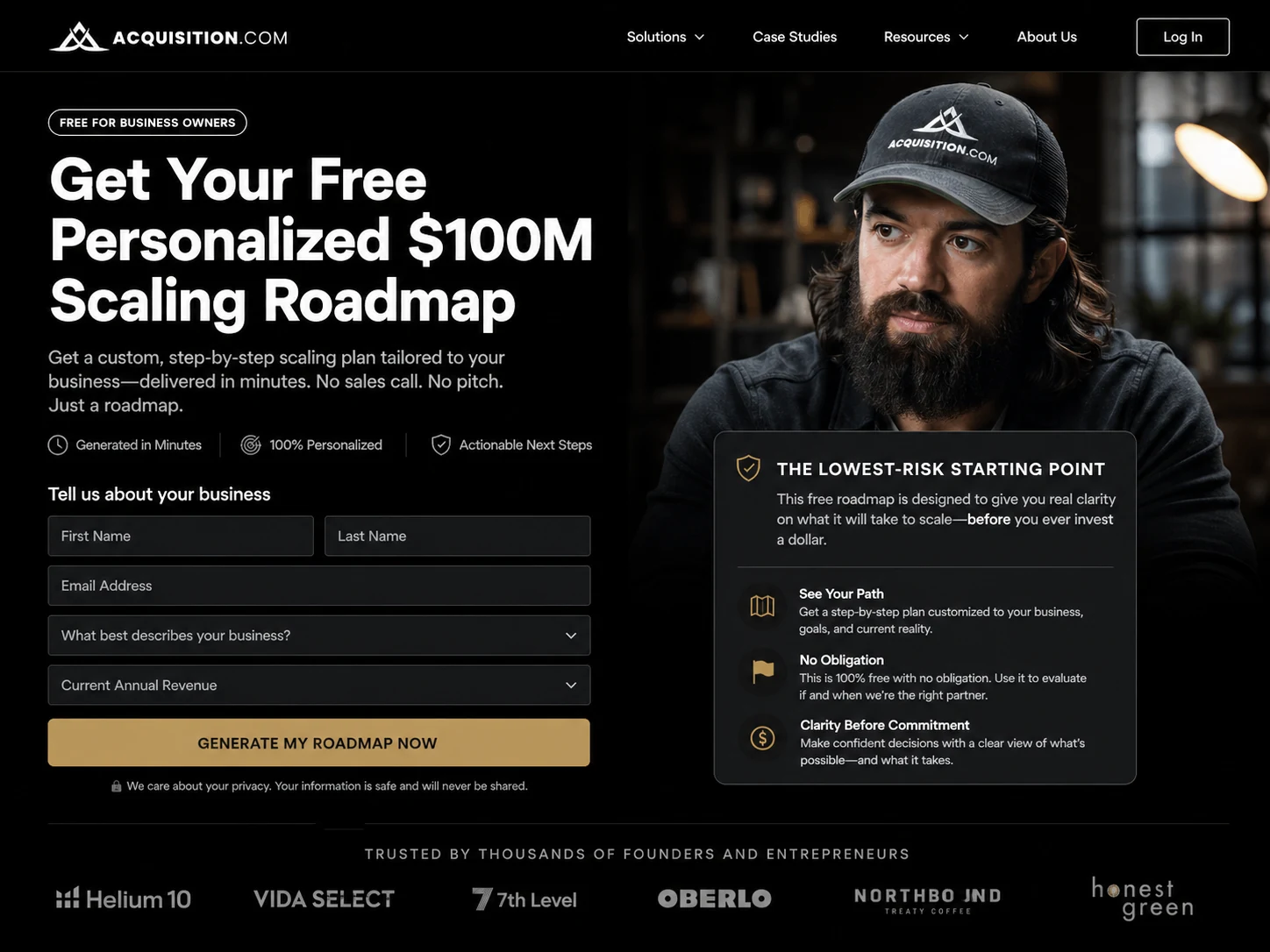 Acquisition.com: scaling roadmap page, showing the free personalized roadmap entry point for business owners