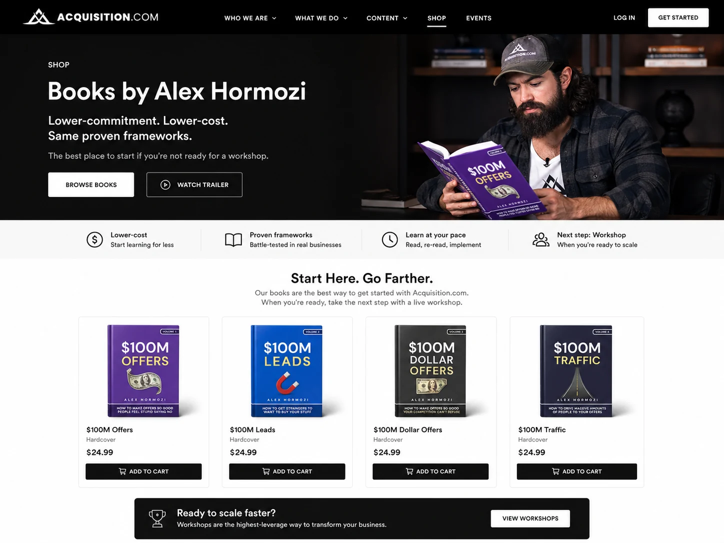 Acquisition.com: shop and book page, showing Alex Hormozi book products as a lower-cost learning route