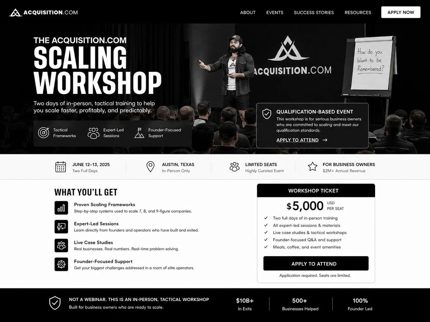Acquisition.com: scaling workshop page, showing the qualification-based workshop path and business-fit questions