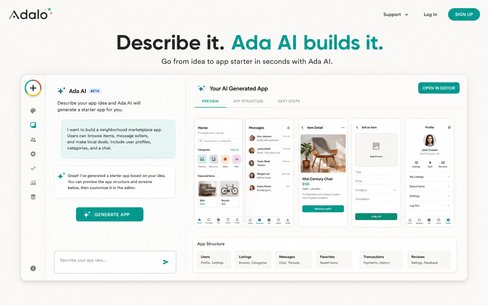 Adalo: Ada AI builder prompt, showing how a buyer can describe an app idea before editing it visually