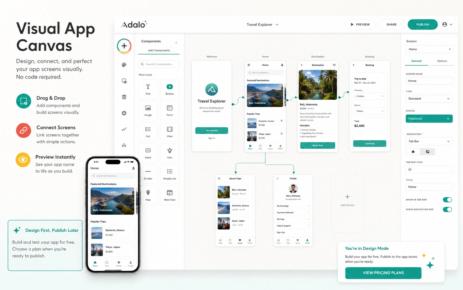 Adalo: visual canvas overview, showing how a buyer designs app screens before committing to a paid publishing plan