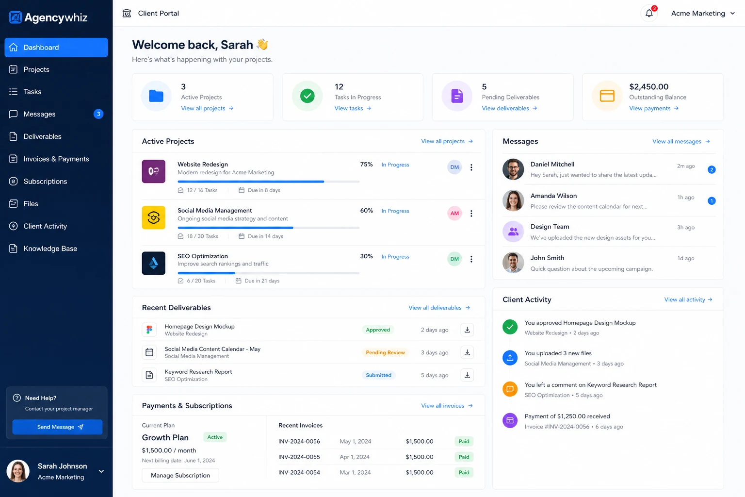 Agencywhiz: client portal overview, showing how buyers would evaluate client access and delivery visibility