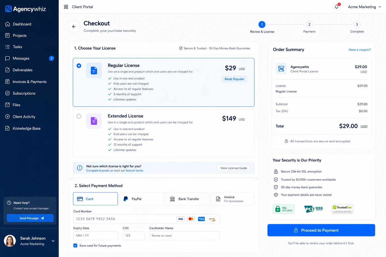 Agencywhiz: payment and checkout flow, showing where buyers should verify payment setup and offer terms