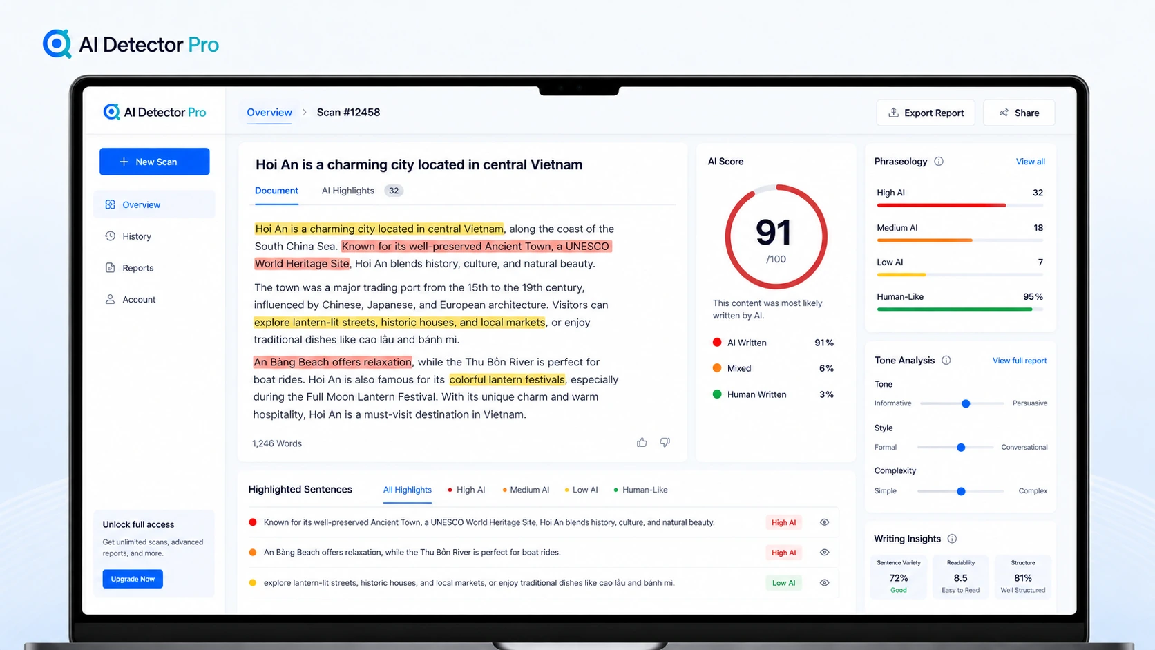 AI Detector Pro: detection overview, showing how a buyer checks text for AI-like signals before publishing