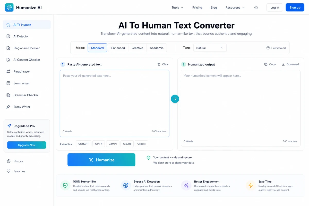 AI To Human Text Converter: homepage text box, showing where buyers paste AI drafts and start the humanization workflow