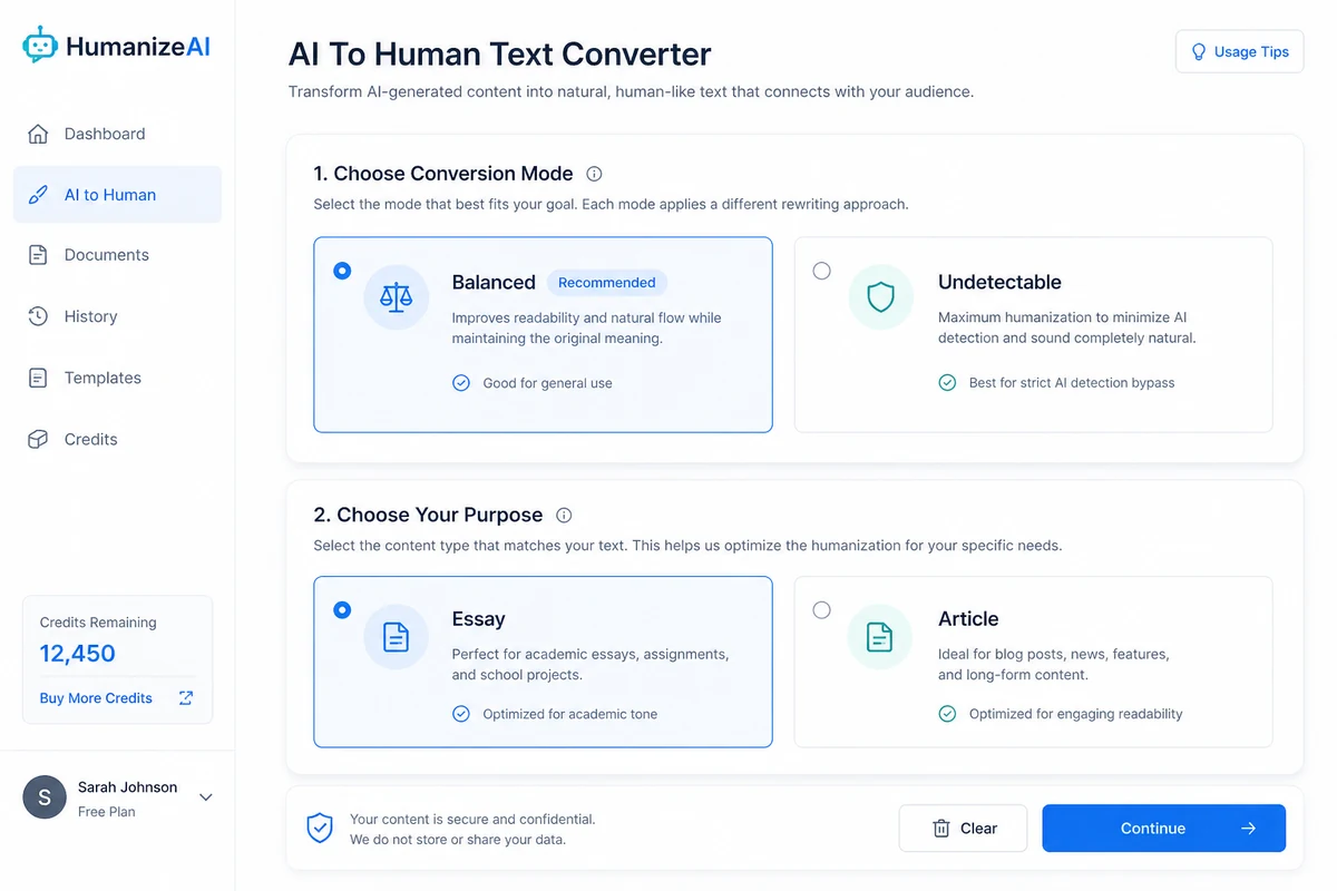 AI To Human Text Converter: mode selector, showing Balanced and Undetectable choices for different rewriting goals