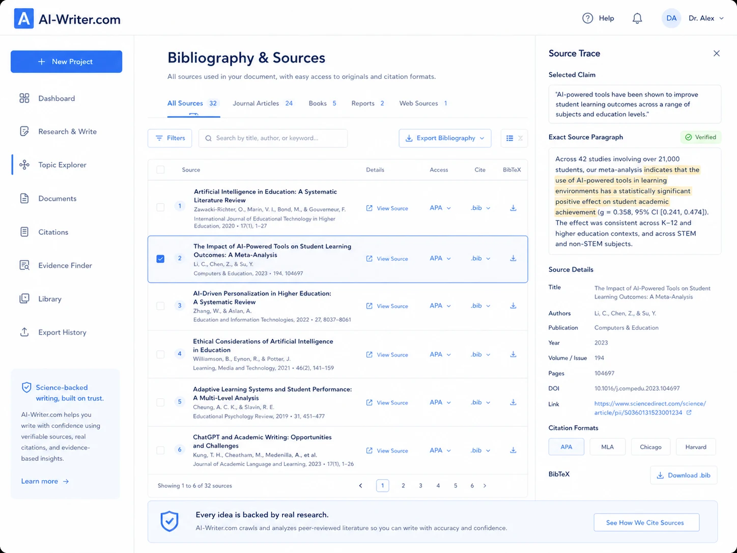 AI-Writer.com: bibliography and source tracing, showing reference details for verification