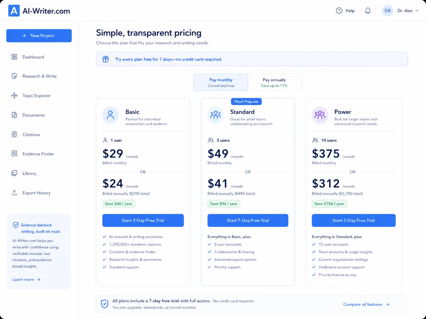 AI-Writer.com: pricing plans, showing Basic, Standard, and Power paths for plan selection