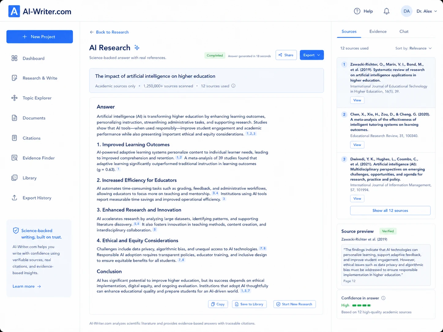 AI-Writer.com: AI research answer, showing citations and source-backed response structure