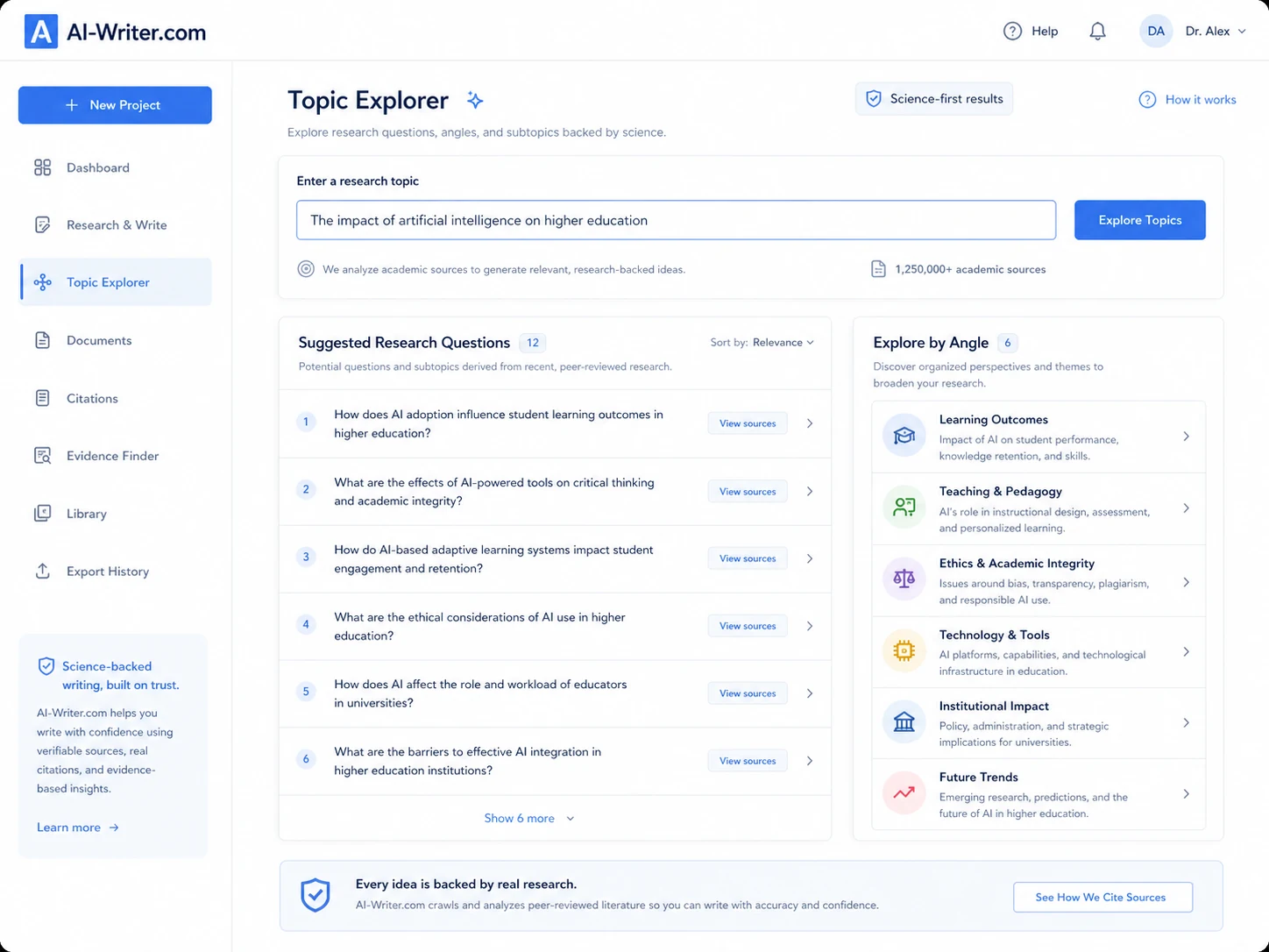 AI-Writer.com: Topic Explorer, showing how a buyer finds research questions before creating a cited answer
