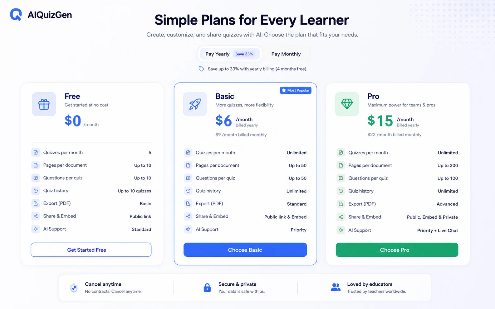 AIQuizGen: pricing plans screen, showing Free, Basic, and Pro choices for plan-fit comparison