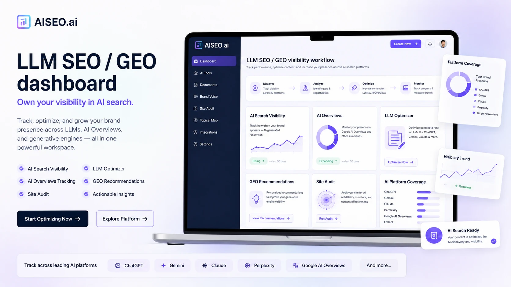 AISEO.ai: LLM SEO and GEO dashboard, showing how a buyer checks AI search visibility and content optimization opportunities