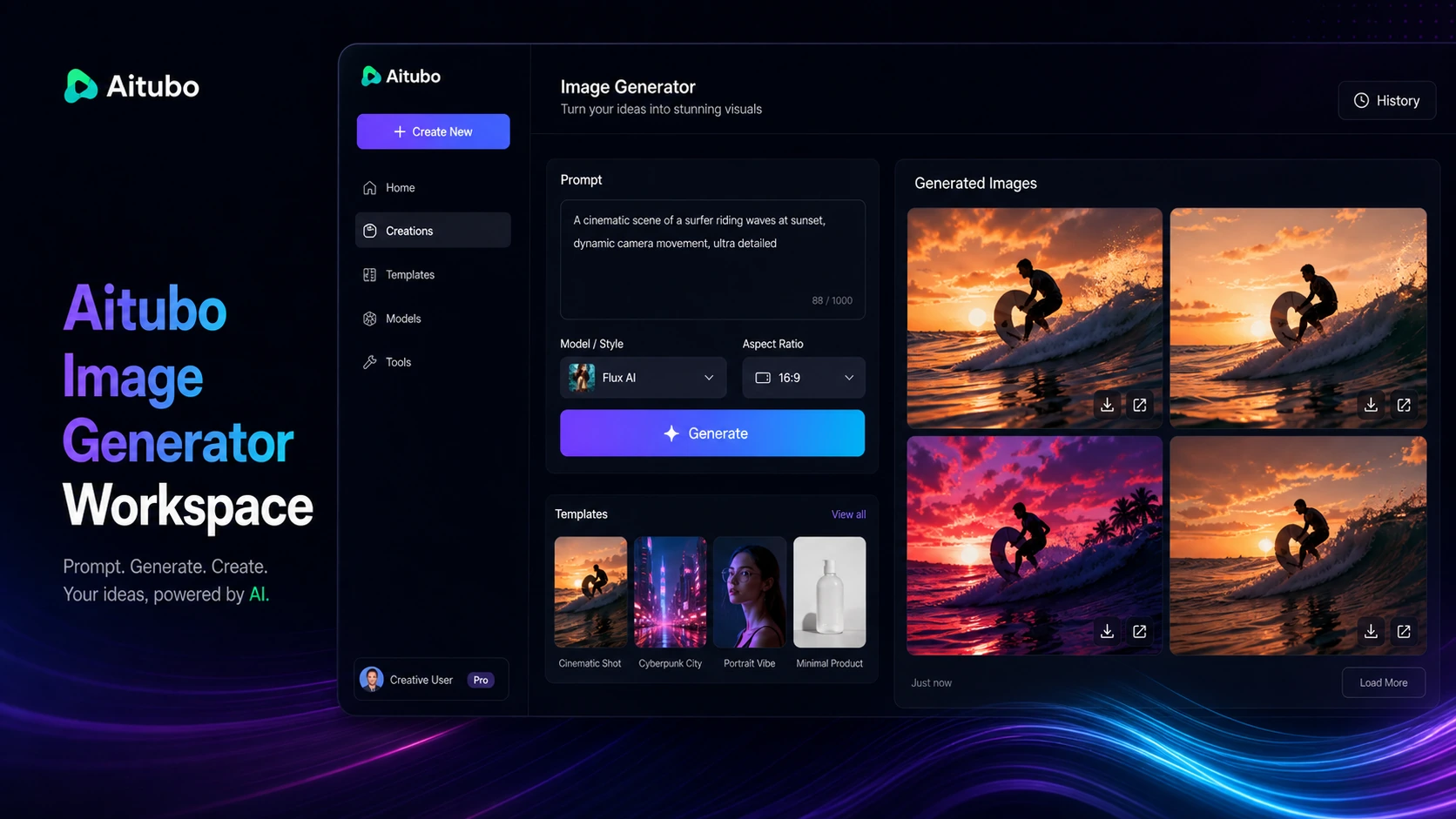 Aitubo: image generator workspace, showing how a buyer creates visual drafts from prompts and model choices