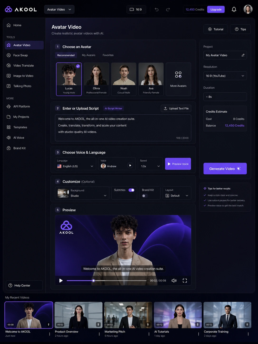 AKOOL: avatar video workspace, showing how a buyer starts an avatar-based video workflow