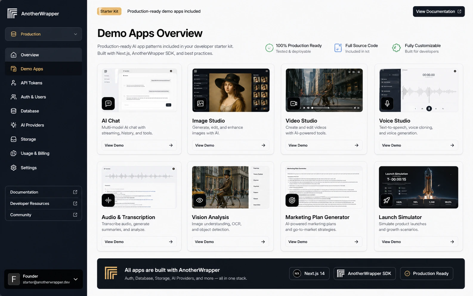 AnotherWrapper: demo apps overview, showing included AI app patterns for chat, image, video, voice, audio, and launch workflows