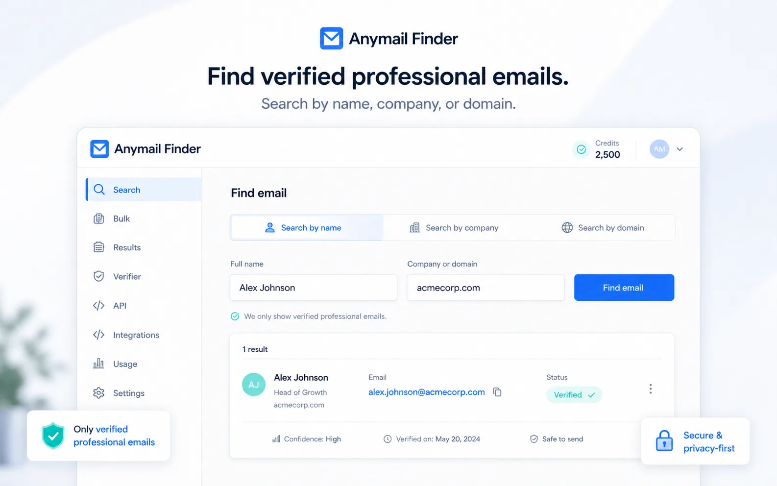 Anymail Finder: email lookup homepage, showing verified B2B email finding and the buyer's first product promise