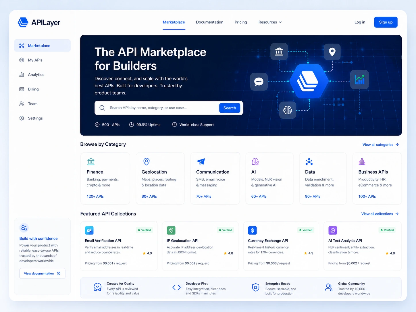 APILayer: marketplace overview, showing how a buyer browses API categories before choosing a specific endpoint