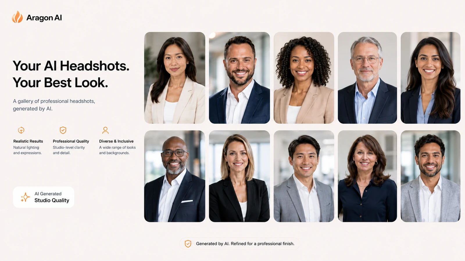 Aragon AI: headshot results gallery, showing AI-generated professional profile photo options