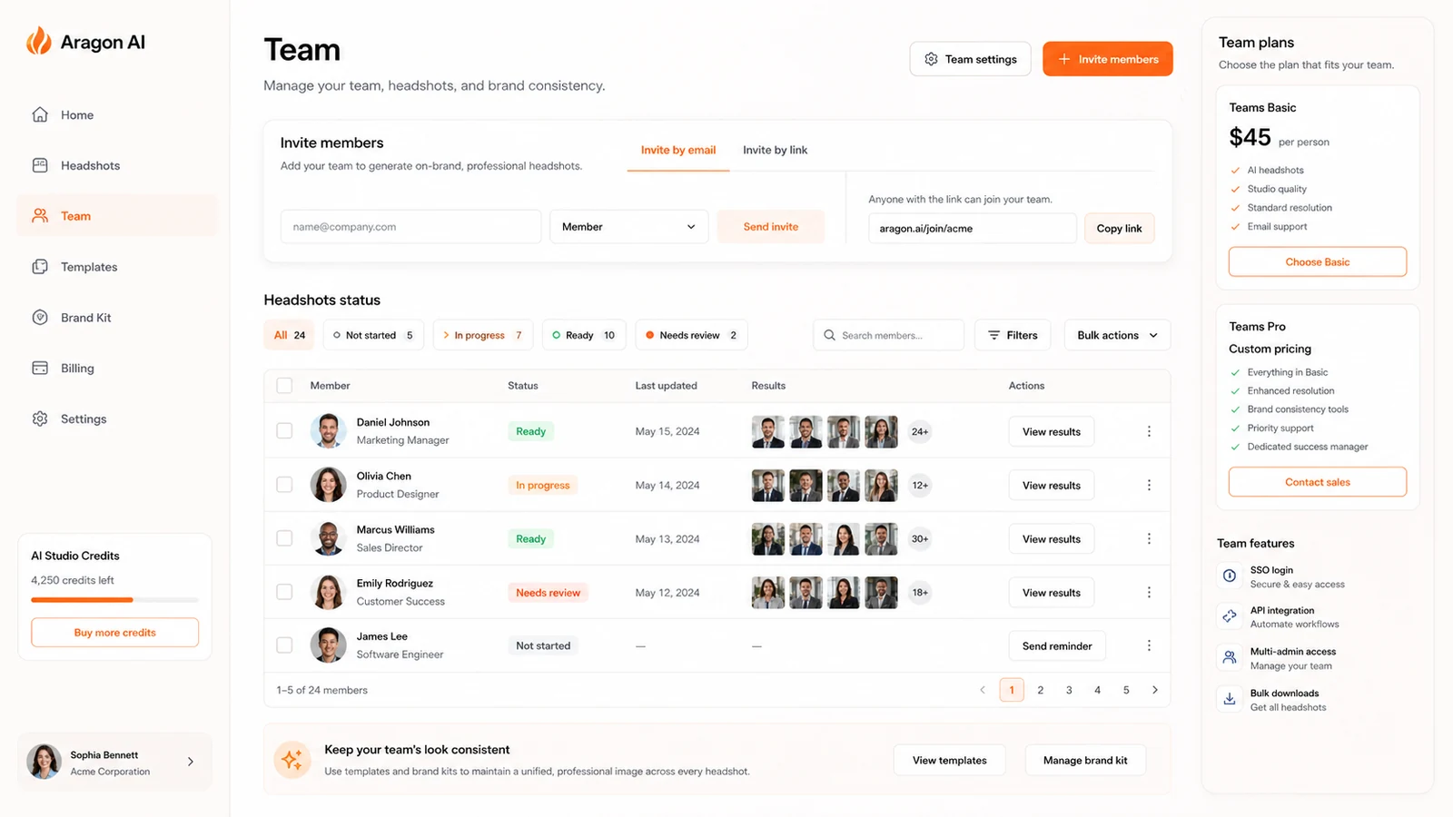 Aragon AI: team dashboard, showing member invites and headshot management for company buyers